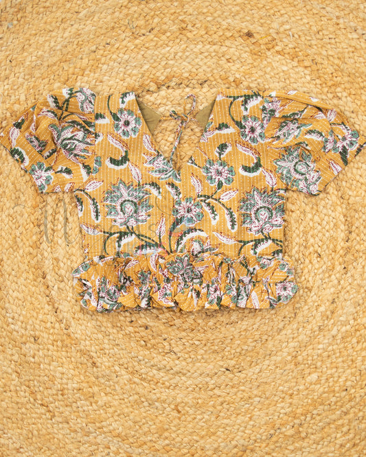 Ready to Ship: Mustard and Green Cotton Kantha Shorts Set with Puff Sleeves, ruffle flower hem, pot back and Printed Kantha Comfy Fit Shorts