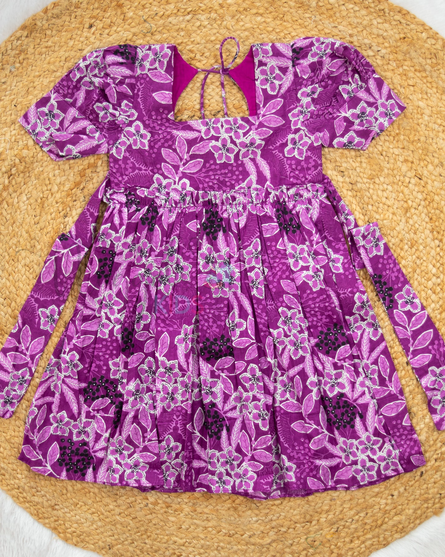 Ready to Ship: Purple Berries Cambric Cotton Frock with Pot neck at the back and puff sleeves
