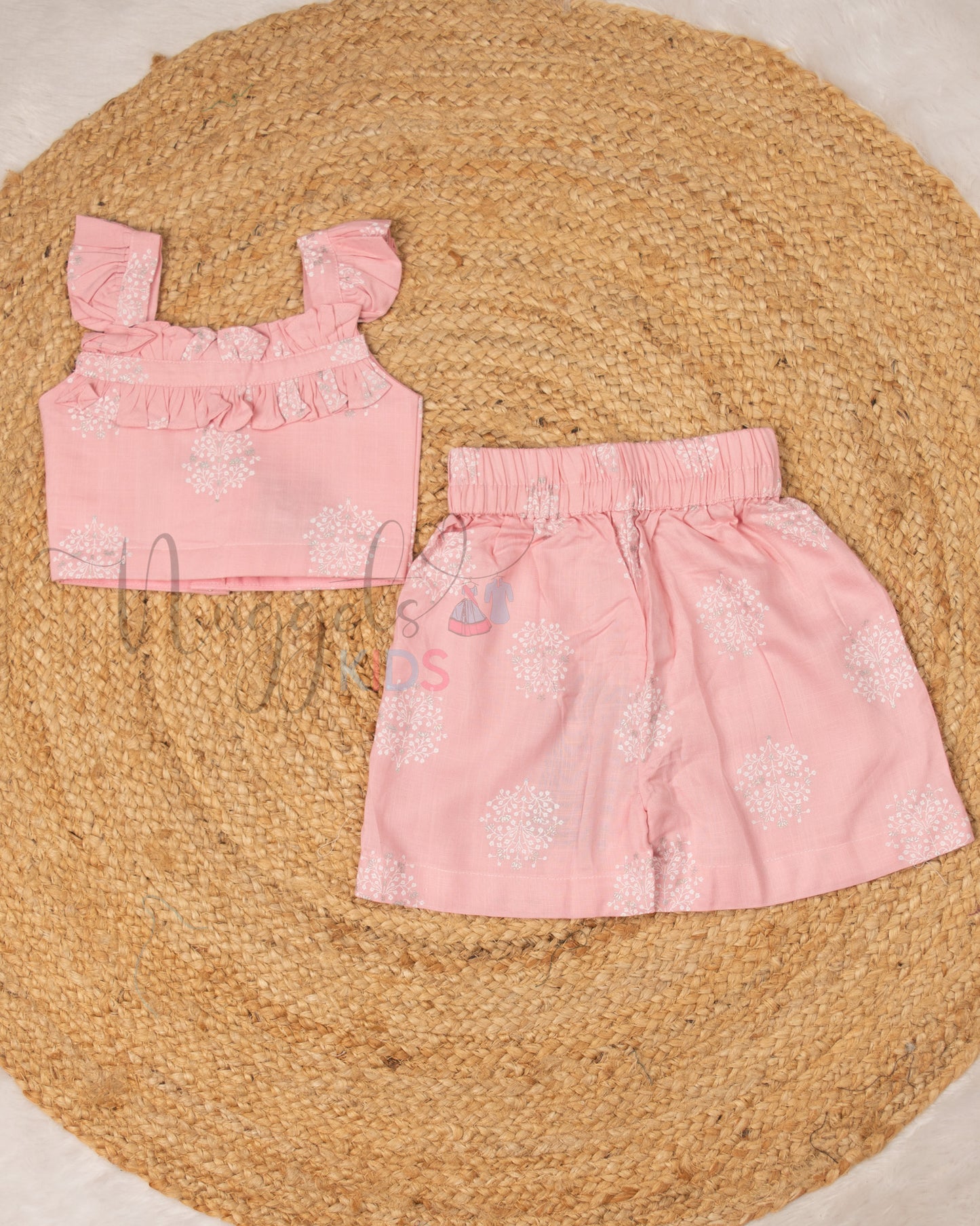 Ready to Ship: Baby Pink Self Cotton Ruffle Sleeves with Designer Yoke Crop Top and Coordinated Shorts