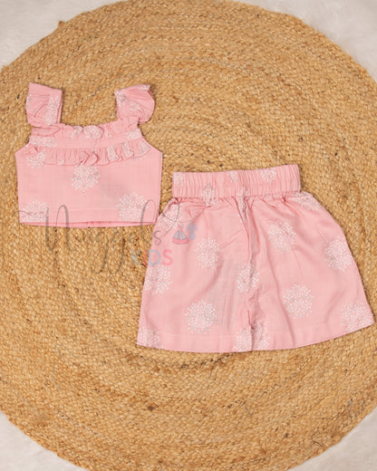 Ready to Ship: Baby Pink Self Cotton Ruffle Sleeves with Designer Yoke Crop Top and Coordinated Shorts