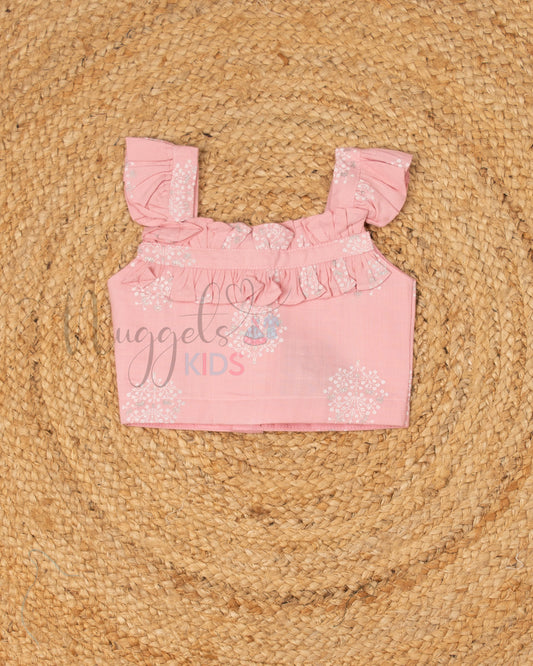 Ready to Ship: Baby Pink Self Cotton Ruffle Sleeves with Designer Yoke Crop Top and Coordinated Shorts