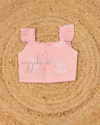 Ready to Ship: Baby Pink Self Cotton Ruffle Sleeves with Designer Yoke Crop Top and Coordinated Shorts