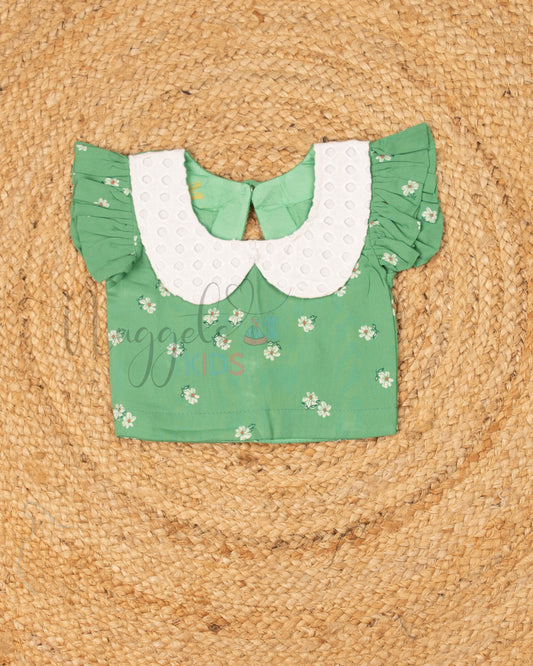 Ready to Ship: Green Rayon Cotton Peter Pan Collar Short Set with Flutter Sleeves with Elastic Shorts