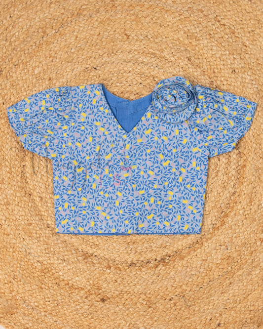 Ready to Ship: Blue And Yellow V Neck Cotton Top And Pleated Puff Sleeves and a Short Pleated Skirt