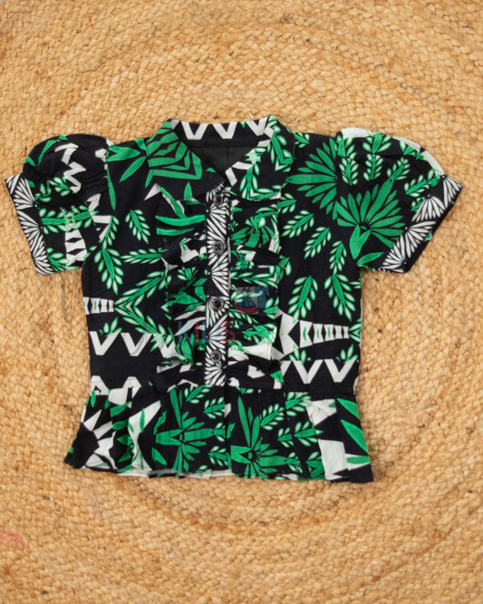 Ready to Ship: Black And Green Shorts Set with Frilly Crop Top and Puff Sleeves