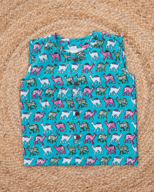 Ready to Ship: Blue Camels Printed Jhabla and Shorts Set Made of 100% Pure Cotton
