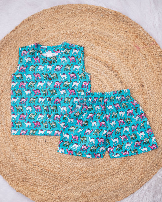 Ready to Ship: Blue Camels Printed Jhabla and Shorts Set Made of 100% Pure Cotton