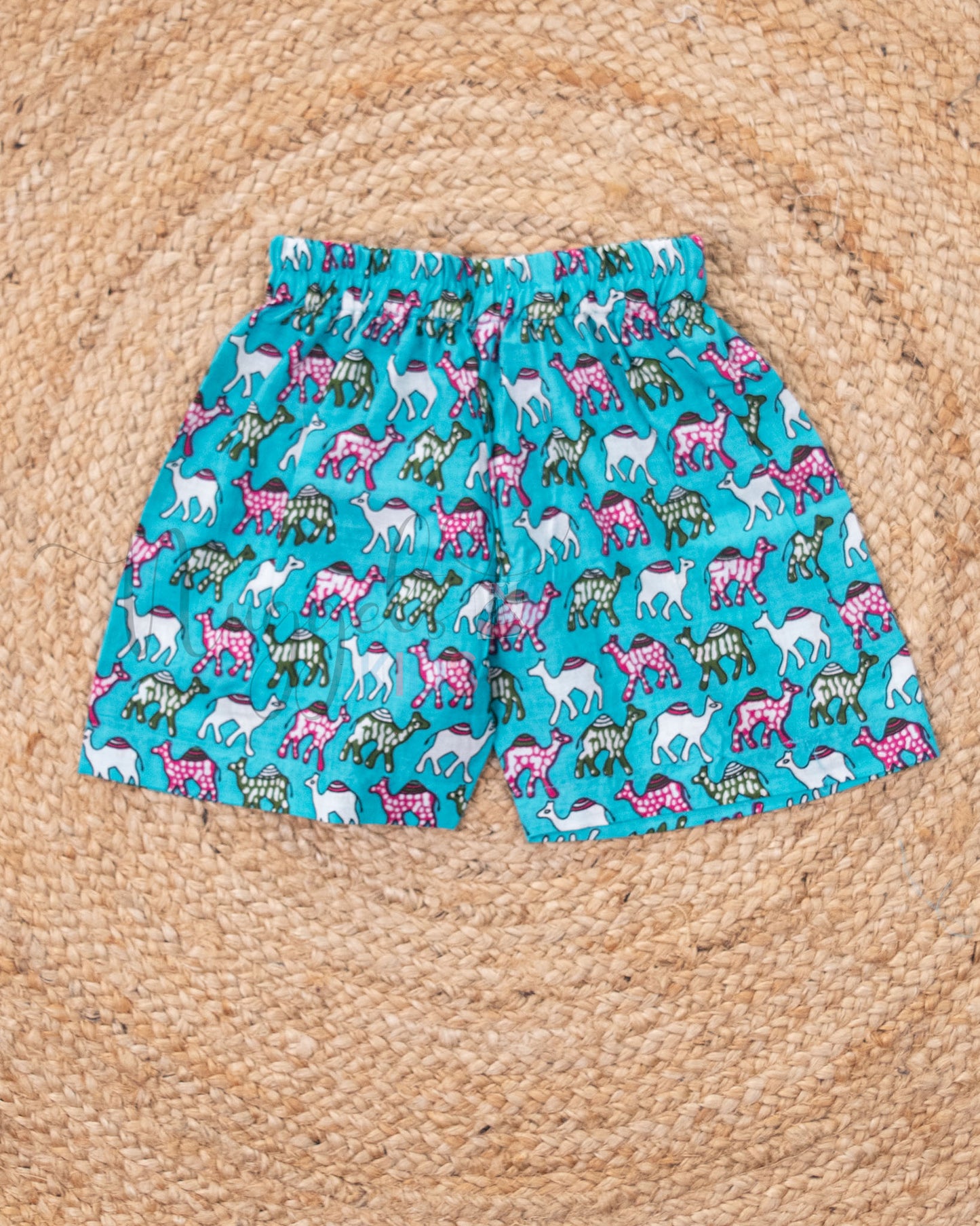 Ready to Ship: Blue Camels Printed Jhabla and Shorts Set Made of 100% Pure Cotton