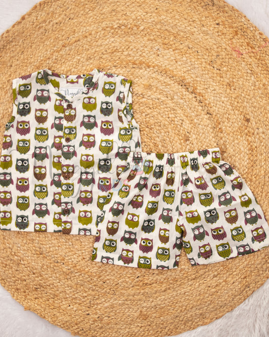 Ready to Ship: Owls Printed Jhabla and Shorts Set Made of 100% Pure Cotton