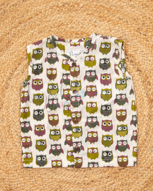 Ready to Ship: Owls Printed Jhabla and Shorts Set Made of 100% Pure Cotton