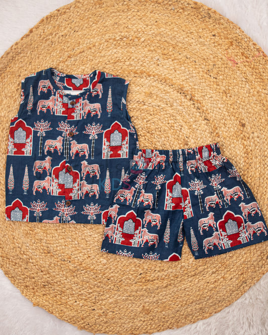 Ready to Ship: Blue Pichwai Printed Jhabla and Shorts Set Made of 100% Pure Cotton