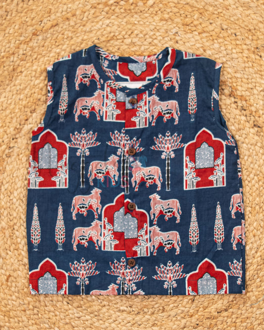 Ready to Ship: Blue Pichwai Printed Jhabla and Shorts Set Made of 100% Pure Cotton