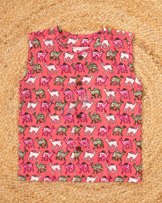 Ready to Ship: Pink Camel Printed Jhabla and Shorts Set Made of 100% Pure Cotton