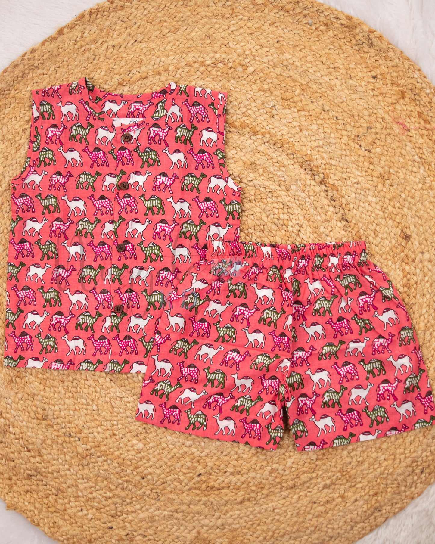 Ready to Ship: Pink Camel Printed Jhabla and Shorts Set Made of 100% Pure Cotton