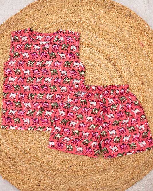 Ready to Ship: Pink Camel Printed Jhabla and Shorts Set Made of 100% Pure Cotton