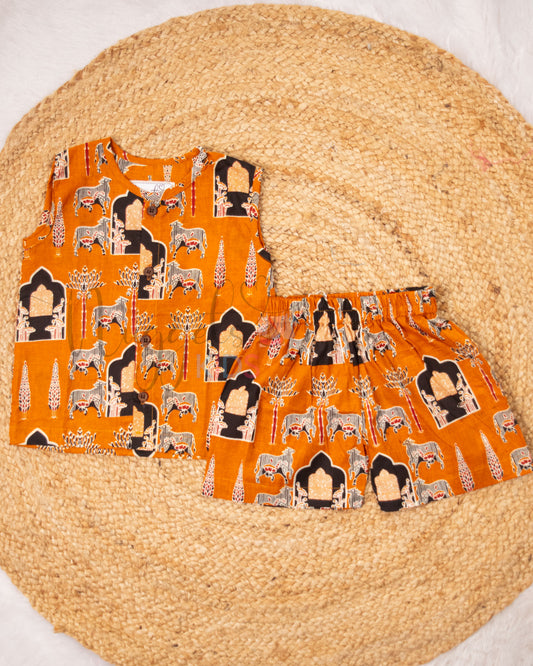 Ready to Ship: Mustard Pichwai Printed Jhabla and Shorts Set Made of 100% Pure Cotton