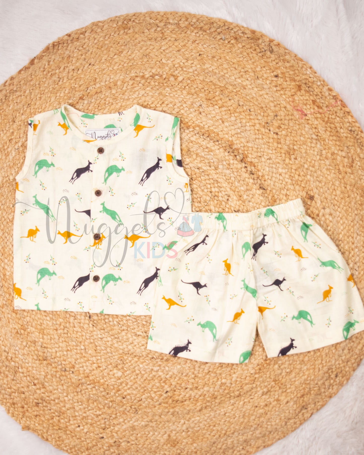 Ready to Ship: Kangaroo Printed Jhabla and Shorts Set Made of 100% Pure Cotton