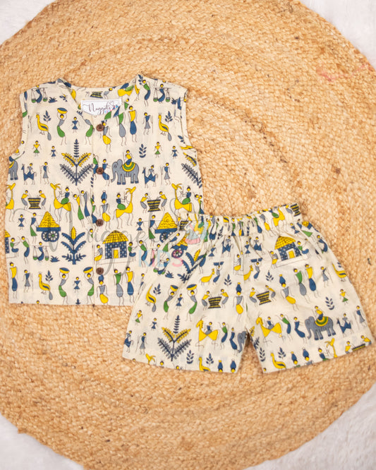 Ready to Ship: Worli Printed Jhabla and Shorts Set Made of 100% Pure Cotton