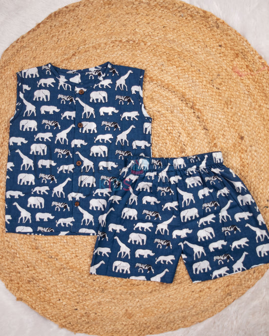 Ready to Ship: Blue Wild Animals Printed Jhabla and Shorts Set Made of 100% Pure Cotton