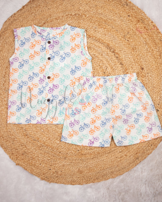 Ready to Ship: Bicycle Printed Jhabla and Shorts Set Made of 100% Pure Cotton