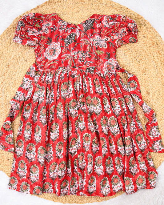 Ready to Ship: Red Kantha Cotton Frock With Square Neck and Puff Sleeves
