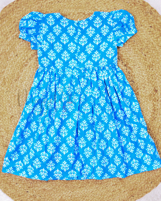 Ready to Ship: Sky Blue Cambric Cotton frock with Puff Sleeves