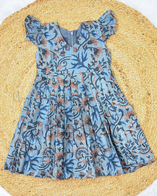Ready to Ship:  Grey And Mustard Katha Cotton frock with Ruffle Sleeves
