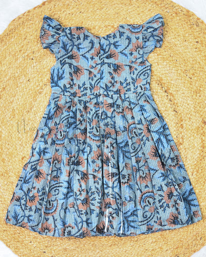 Ready to Ship:  Grey And Mustard Katha Cotton frock with Ruffle Sleeves