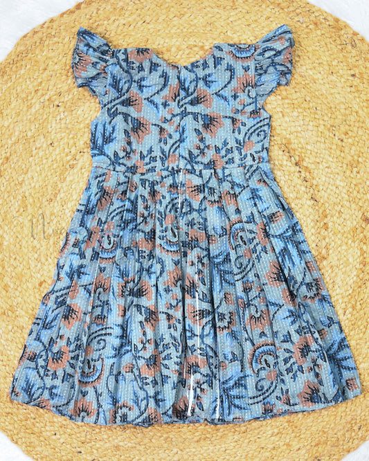 Ready to Ship:  Grey And Mustard Katha Cotton frock with Ruffle Sleeves