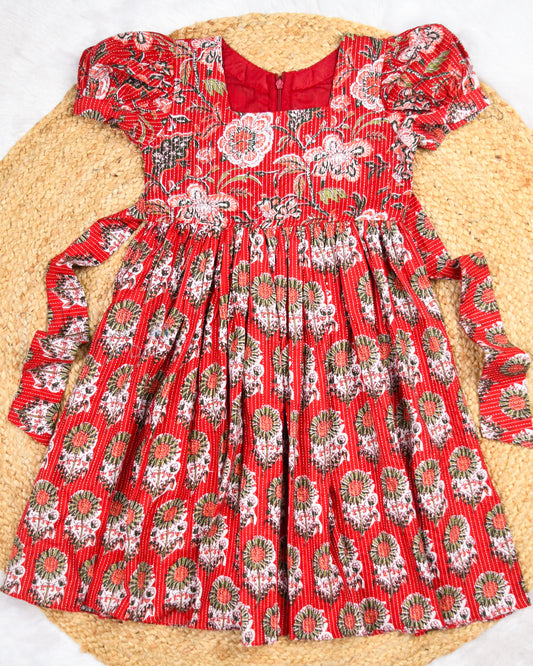Ready to Ship: Red Kantha Cotton Frock With Square Neck and Puff Sleeves