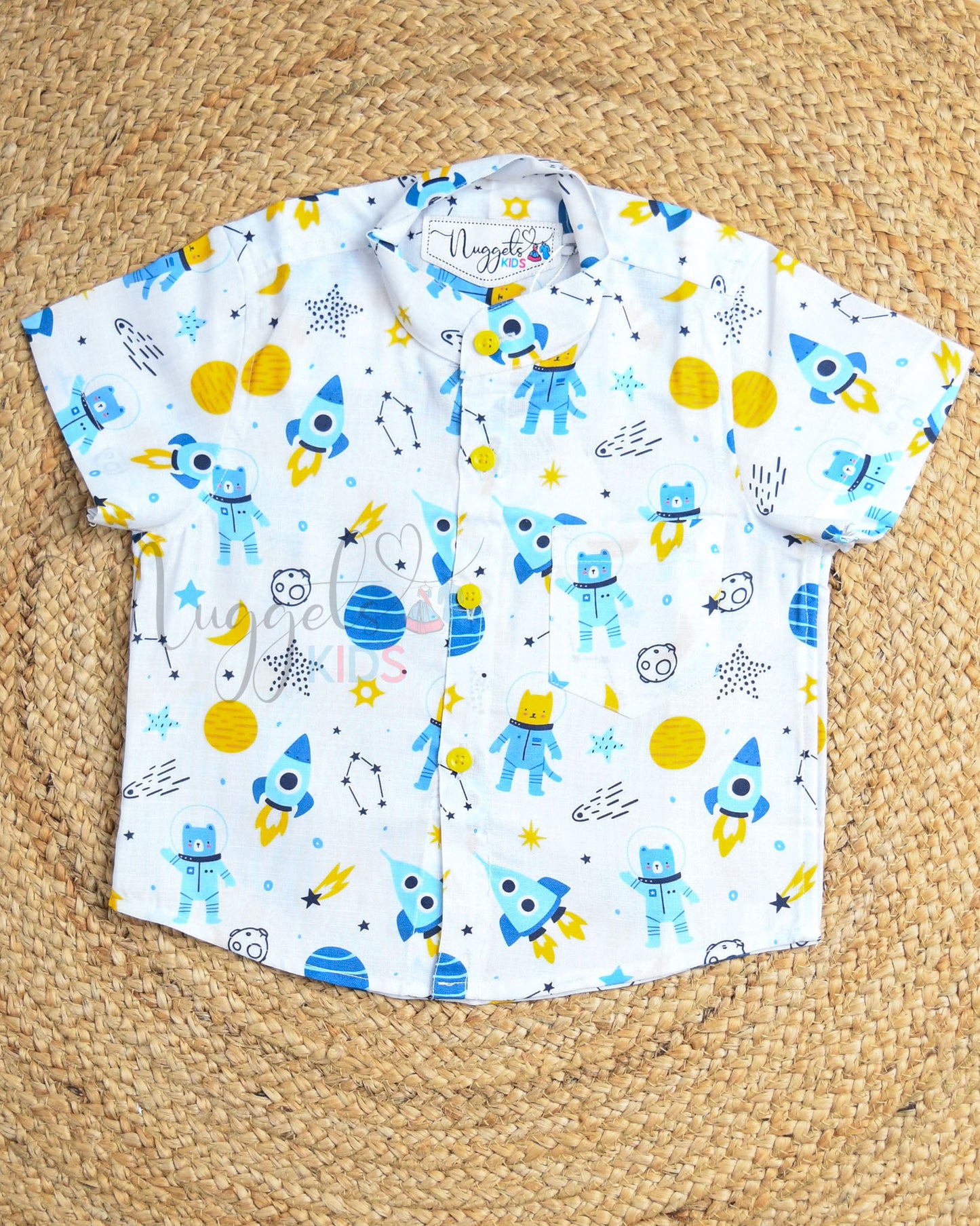 Ready to Ship: Astronauts Printed Viscose Linen Shirt with Front Pocket