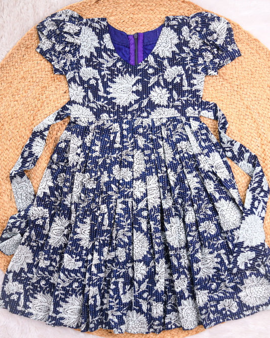Ready to Ship: Navy Blue Kantha Cotton Frock With Puff Sleeves and V-neck