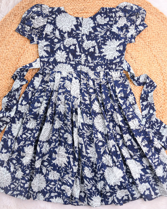 Ready to Ship: Navy Blue Kantha Cotton Frock With Puff Sleeves and V-neck