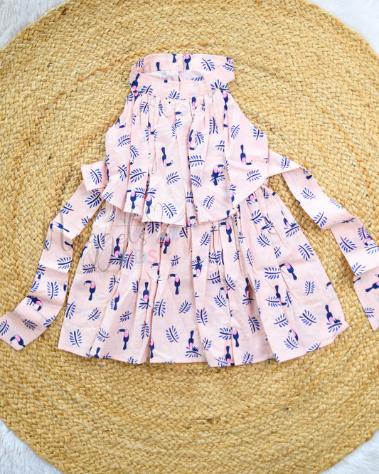 Ready to Ship: Bird Baby Pink Floral Halter neck Frock with Designer flap and Intricate pleats