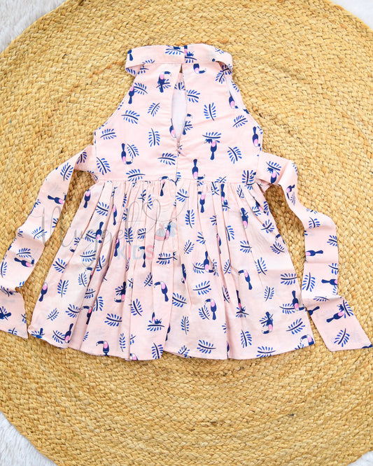 Ready to Ship: Bird Baby Pink Floral Halter neck Frock with Designer flap and Intricate pleats