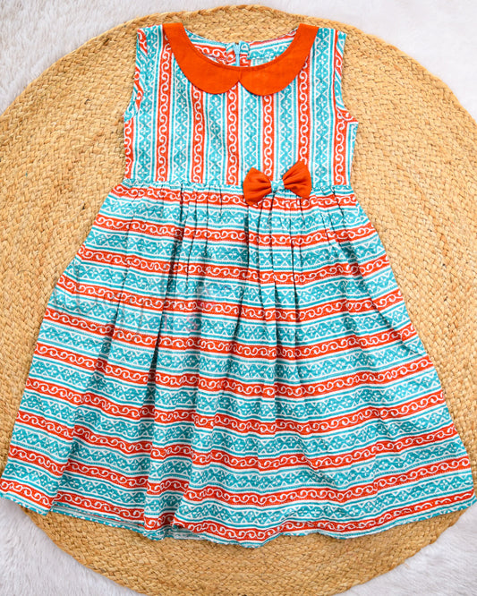 Ready to Ship: Teal And Orange Katha Cotton Frock with Peter Pan Collar And Bow Detailing