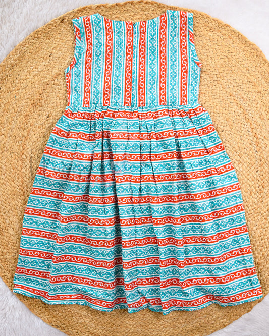 Ready to Ship: Teal And Orange Katha Cotton Frock with Peter Pan Collar And Bow Detailing