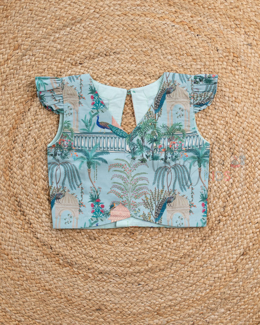 Pre Order: Teal Mughal Printed Poplin Top and Netted Two Tier Skirt