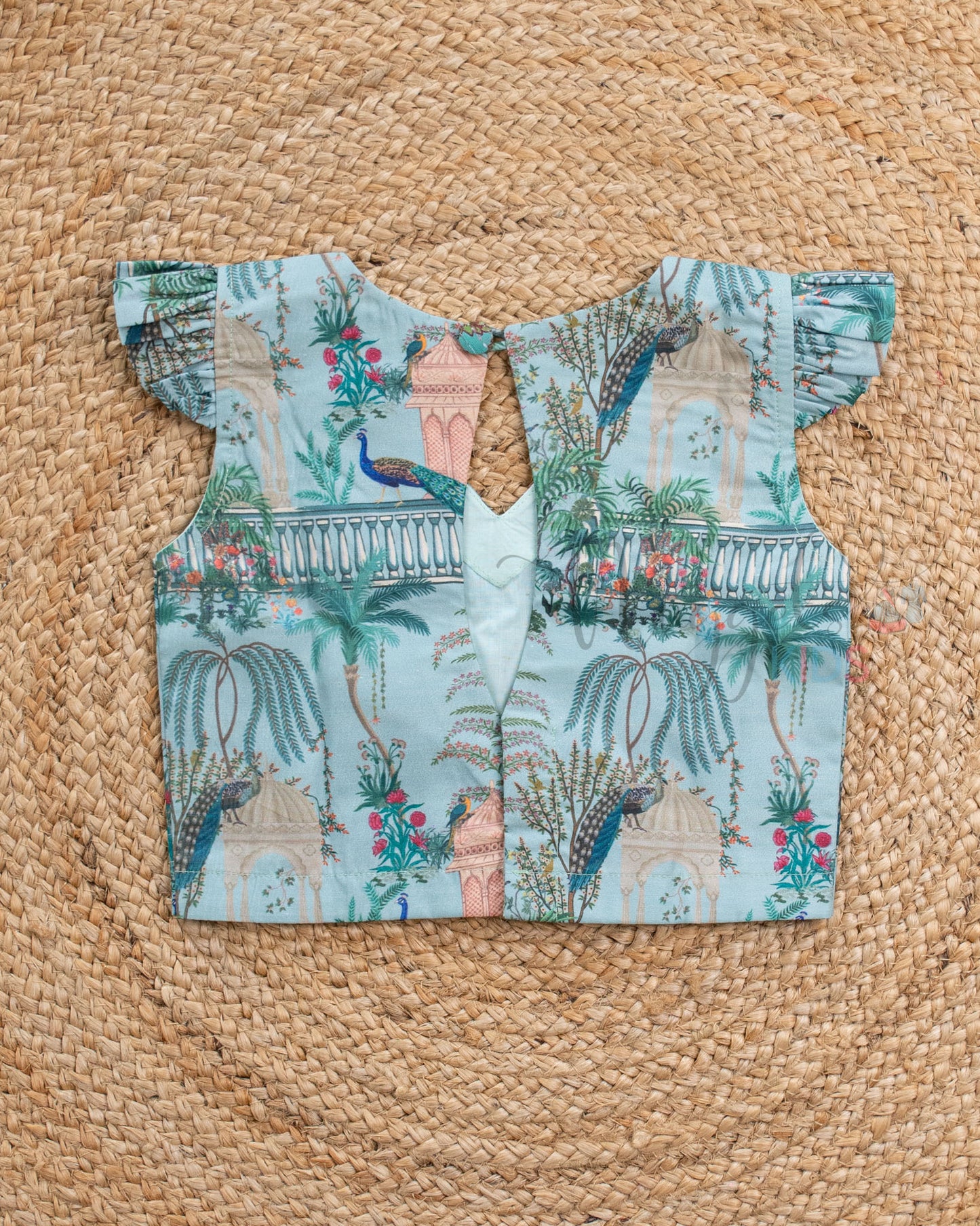 Pre Order: Teal Mughal Printed Poplin Top and Netted Two Tier Skirt