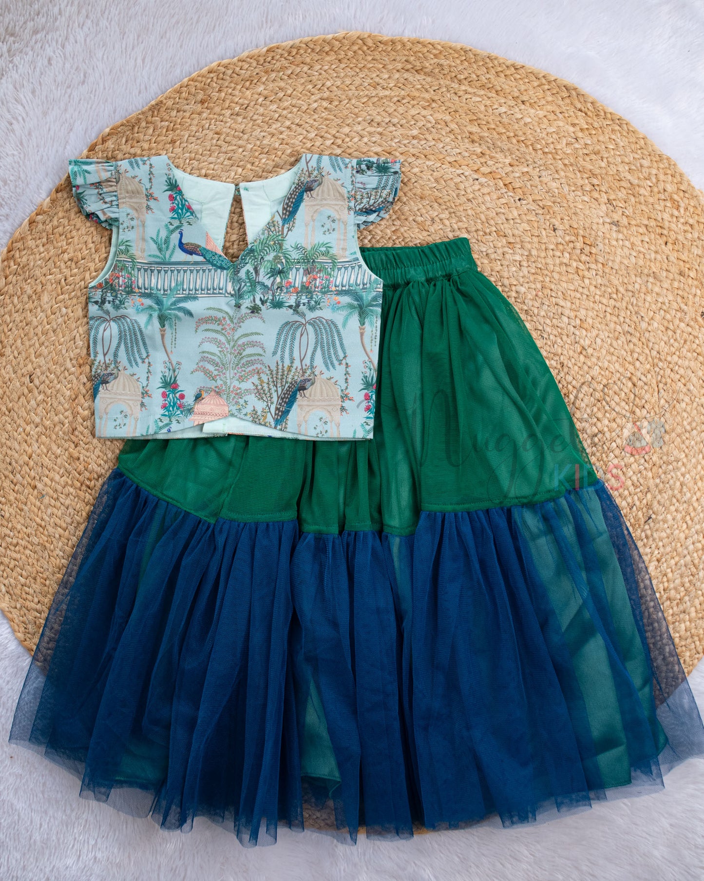 Pre Order: Teal Mughal Printed Poplin Top and Netted Two Tier Skirt