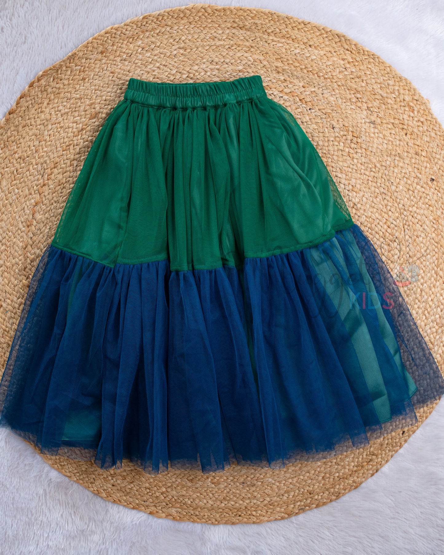 Pre Order: Teal Mughal Printed Poplin Top and Netted Two Tier Skirt