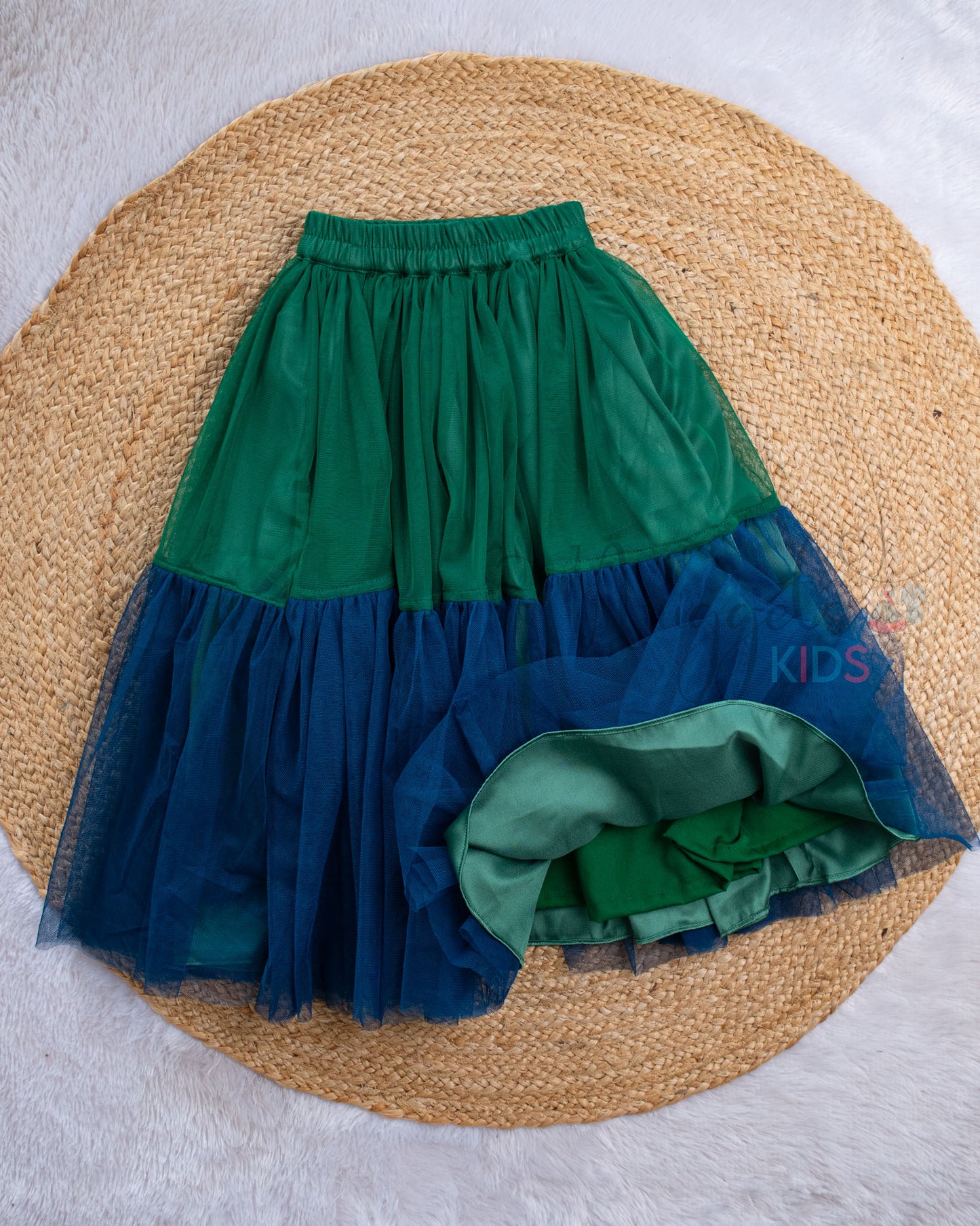 Pre Order: Teal Mughal Printed Poplin Top and Netted Two Tier Skirt