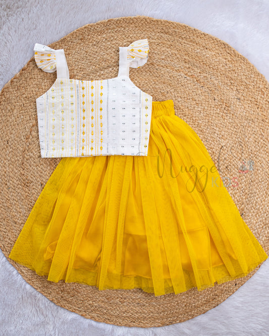 Pre Order: Yellow and white Top and Skirt