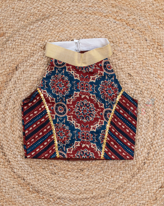 Pre Order: Ajrakh Halter Neck Top and Paneled Lehenga Skirt