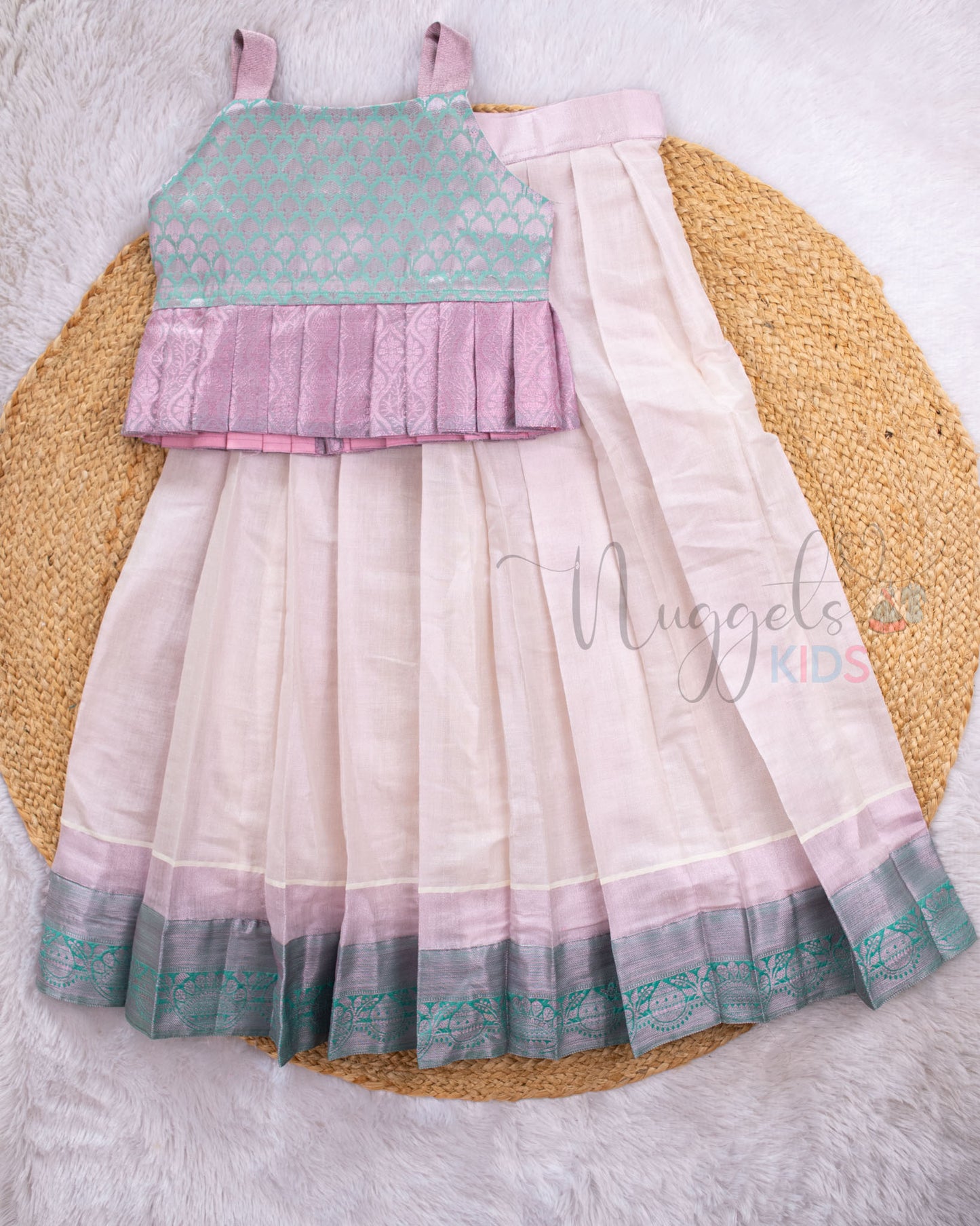 Pre Order: Turquoise Semi Silk Top and Lehenga