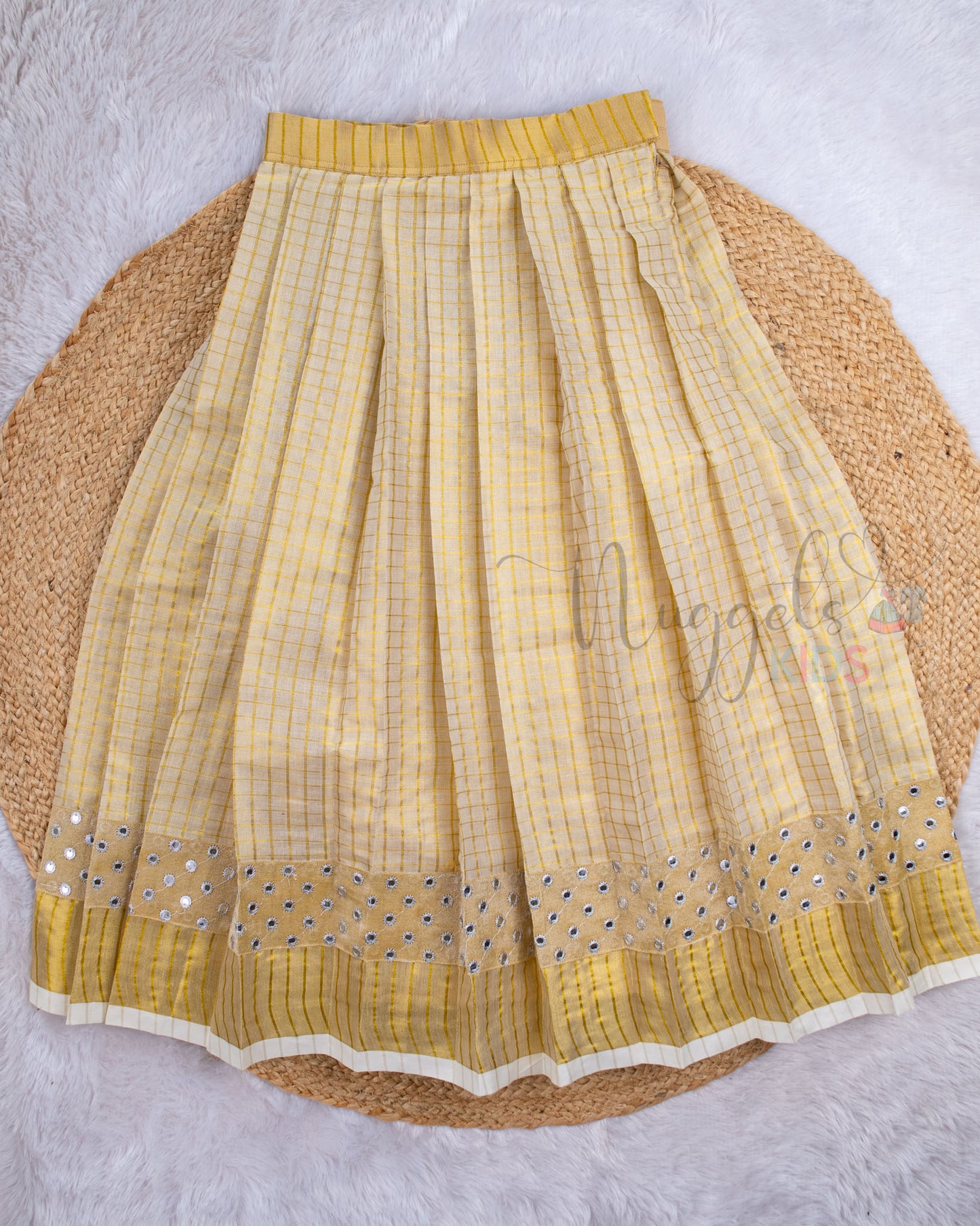 Pre Order: Golden Kasavu Lehenga Set with Puff Sleeves and Golden Mirror Patch