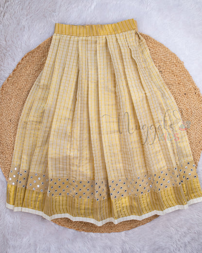 Pre Order: Golden Kasavu Lehenga Set with Puff Sleeves and Golden Mirror Patch