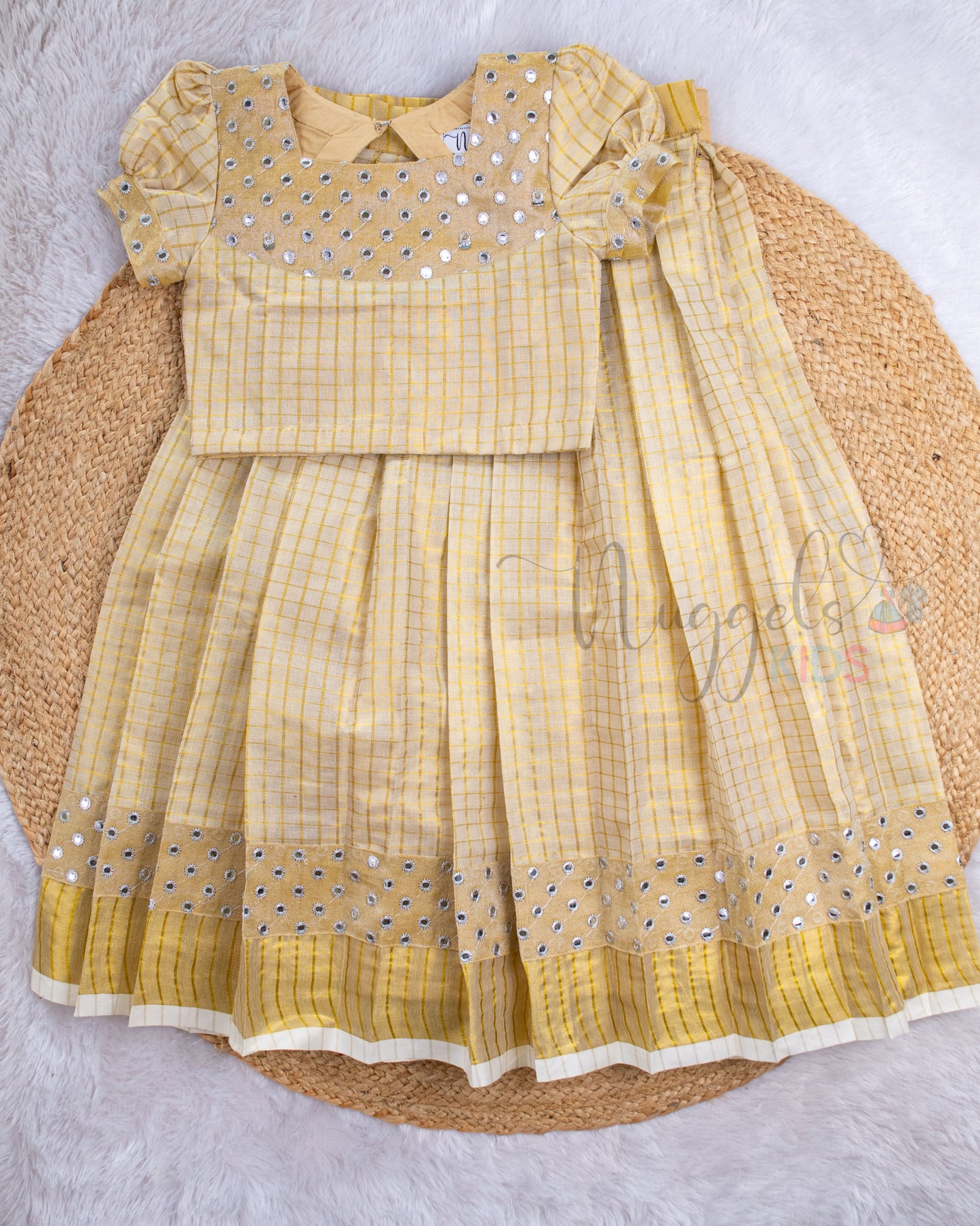 Pre Order: Golden Kasavu Lehenga Set with Puff Sleeves and Golden Mirror Patch