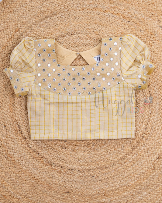 Pre Order: Golden Kasavu Lehenga Set with Puff Sleeves and Golden Mirror Patch