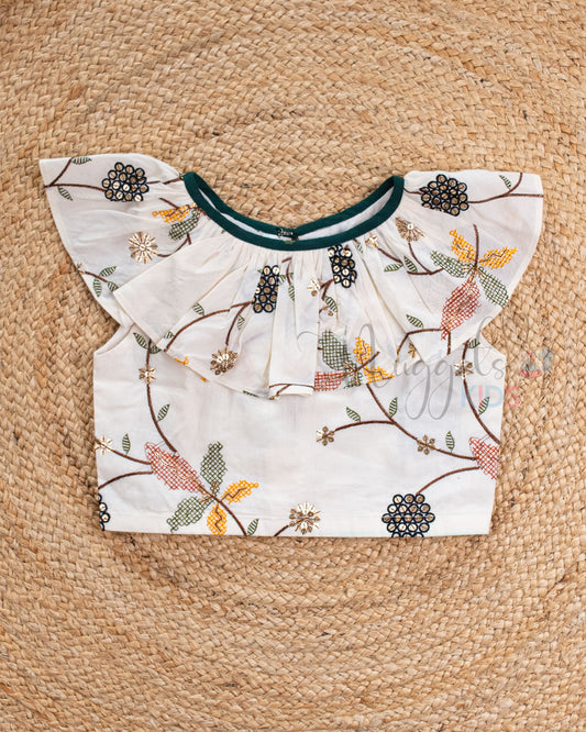 Pre Order: Bottle Green Raw Silk Lehenga Skirt & Kora Cotton Top